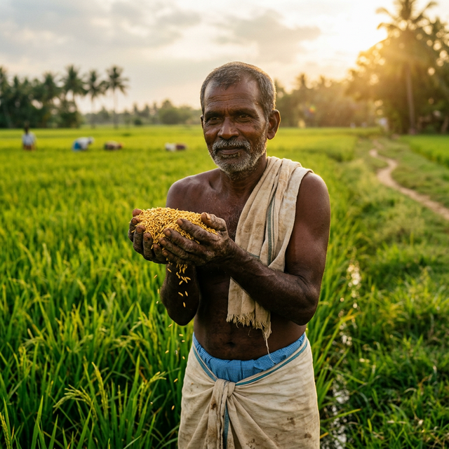 Tamil farmer holding rice grains in paddy field at golden hour
